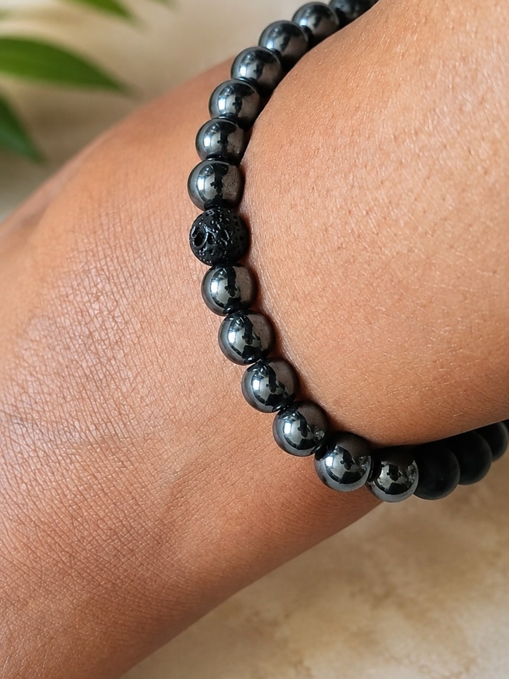 Hematite Beaded Stretch Bracelet with Black Lava Accent